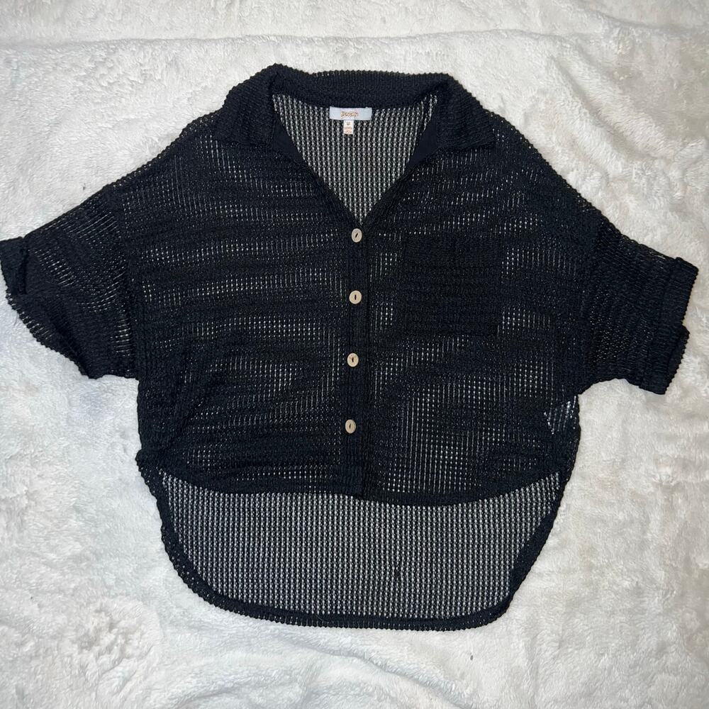 Y2K Peach Brand Sheer Black Mesh Button Up Short Sleeve Top Size Medium